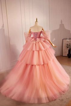 Pink Off the Shoulder Long A-Line Ball Gown Beautiful Tulle Layers Sweet 16 Dress Sweet 16 Dress, 16 Dress, Sweet 16 Dresses, Wholesale Dress, British Indian, Long A Line, Bride Dress, Special Occasion Dresses, Trinidad And Tobago