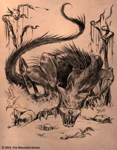 a drawing of two animals in the woods with long horns and claws on their heads