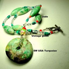 "Vintage Turquoise Stone Round Doughnut Bi Pi Pendant, on Jade with Glass Beaded Necklace, Rachelle Starr OOAK turquoise pendant is from late 1970s New Mexico The necklace is 20\" long ( 50.8cm ) The circle pendant is 1 1/4\" ( 3.175cm ) The green jade BiCone long tube beads are each 1 1/4\" x 1/2\" ( 3.175cm x 1.27cm ) I made this for myself recently but I never wore it, I just have too many necklaces!! Enjoy ------------------ PLEASE NOTE I ONLY ship to your paid ETSY invoice address purchase Dramatic Necklace, Enamel Beads, Beaded Dangle Earrings, Vintage Turquoise, Tube Beads, Green Jade, Glass Bead Necklace, Faceted Crystal, Small Jewelry