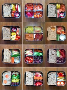 several pictures of different compartments in a lunch box filled with vegetables, fruit and bread