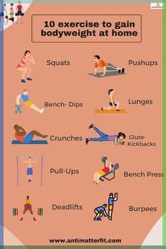 an exercise poster with the words 10 exercises to gain bodyweight at home