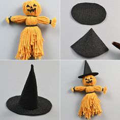 four pictures of halloween decorations made out of felt and yarn, including a scarecrow