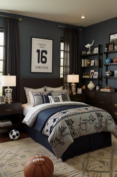 a bedroom decorated in blue and gray with a basketball on the floor