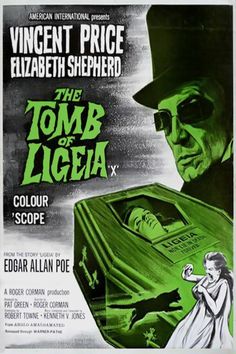 an old movie poster for the film, the tomb of ligeia with a man in