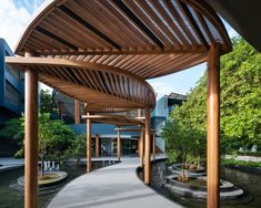 the walkway is lined with wooden benches and water features