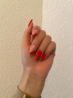 Red Tip Acrylic Nails Coffin, Cute Red Nail Ideas For Acrylics, Red An Gold Nails, Red Nails With Gems Simple, Nails That Go With A Red Dress And Black Heels, Trendy Nails Red And Gold, Classy Red Nails Acrylic, Cute Red And Gold Nails, Red Prom Nails Coffin