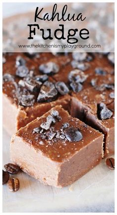 chocolate fudge with nuts on top and text overlay