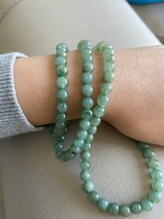 🌈 Jadeite Beaded (6.8mm) Necklace Bracelet, Green, 108 beads 🌷 Untreated Natural Jadeite/ Grade A Jade 🌷 Jade from Myanmar/ Burma 🌷 100% handmade carving 🌷 Bead size : 6.8mm 🌷 Number of Beads : ~108 🌷 Color : Green 🌷 Free shipping from Hong Kong with tracking number provided 🌷 Take approximately 7-28 days to arrive worldwide ❤️ In Chinese Culture: Young people wear jade pendant will have a prosperous life, attracts good luck and friendship Old people wear jade pendant will have a health Spiritual Single Strand Bracelet With Round Beads, Green Beaded Round Gemstones, Hand-strung Aventurine Beaded Bracelets, Spiritual Round Beads Single Strand Gemstones, Round Gemstone Beads For Meditation, Hand-strung Round Green Beads, Hand-strung Green Round Beads, Green Hand-strung Round Beads, Green Single Strand Beaded Bracelet With Round Beads