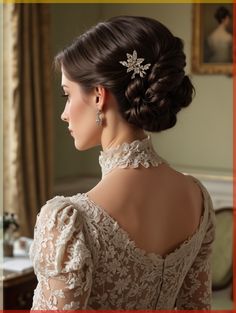 a woman in a wedding dress looking off into the distance