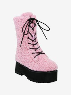 These platform combat boots might make you feel like a teddy bear thanks to their fuzzy sherpa detail! The sherpa is a pastel pink and they have black laces and a black zipper closure.Listed in women's sizes.Platform: 2"; heel: 2 12"Polyester upper; rubber soleImported Pink Combat Boots, Oc Outfits, Cool Girl Outfits, Platform Combat Boots, Pink Sherpa, Barbie Core, Tall Hoodies, A Teddy Bear, Lady And The Tramp