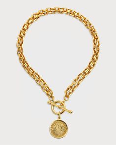 Ben-Amun 24k Gold Electroplated Gold Toggle Coin Necklace Double Chain Necklace, Gold Coin Necklace, Coin Pendant Necklace, Coin Necklace, Coin Pendant, Toggle Clasp, Women Accessories Jewelry, Free Jewelry, Necklace Designs