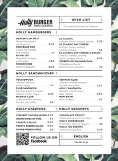 the menu for holly burger, which is on display in front of a green leafy background