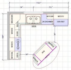 a drawing of a kitchen with blueprints on the wall and floor plans for it