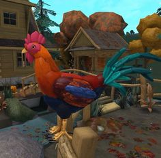 a colorful rooster standing on top of a wooden post in front of a small house