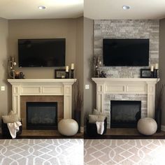 two pictures of a living room with fireplaces and tv above the fire place in the center