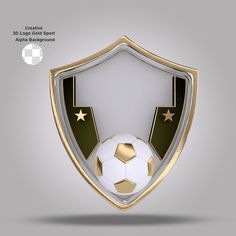 a soccer ball in the center of a golden and silver shield with stars on it