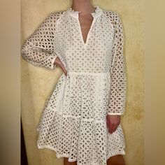 J.Crew Size M New With Tags Long Sleeve Eyelet Babydoll Dress. Never Worn. Sundress, Flowy But With A Waist. $200 Retail. White Broderie Anglaise Dress For Vacation, White Long Sleeve Crochet Dress For Spring, Sundress Flowy, White Long Sleeve Dress With Broderie Anglaise, White Chic Crochet Dress With Ruffles, Casual V-neck Smocked Mini Dress, Spring Bohemian Smocked V-neck Dress, White V-neck Mini Dress With Broderie Anglaise, Casual Smocked V-neck Dress With Ruffle Hem