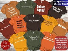 Are you searching for the perfect Family Thanksgiving shirt for wife, husband, mom, dad, daughter, son, baby, granddaughter or cousin that you know? Are also searching for that perfect fall shirt that gives all of the Thanksgiving vibes? This fall sweatshirt & funny group shirt makes the perfect pumpkin spice gift for that family member or friend that you know. Ideal for Thanksgiving dinner, Friendsgiving party, family holiday party, family get together, cousin crew party. Pick up this cute Funny Thanksgiving gift for your family today for yourself or as a gift! *How To Order* 1.) Select shirt/sweatshirt type, size, & color 2.) Select & Provide design # from design images & send to me via Etsy Messenger 3.) Add your order to your Cart 4.) To order multiple shirts, go back to listing and re Thanksgiving Quotes Family, Pumpkin Spice Gift, Thanksgiving Vibes, Quote Shirts, Friendsgiving Party, Spice Gift, Thanksgiving Tee, Cousin Crew, Thanksgiving Family