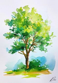 a watercolor painting of a green tree