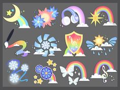 a set of colorful icons and symbols on a gray background