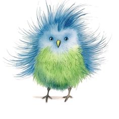 a drawing of a blue and green bird with long, fluffy hair on it's head