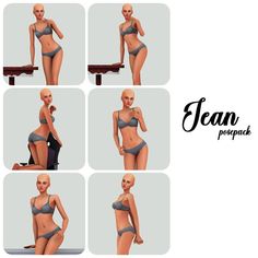 six different poses of a woman in grey bikinis and high heels, sitting on a bench