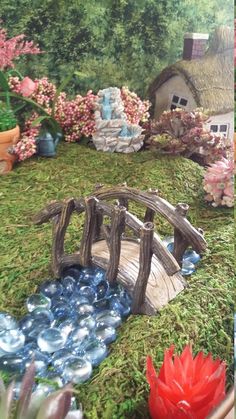 there is a miniature garden with flowers and rocks