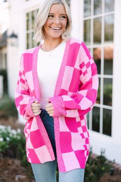 checkered cardigans, pink cardigan, spring cardigan Gen Z Fashion, Red Checkered, Checkered Print, Checker Print, Mint Julep Boutique, Áo Len Cardigan, Patterned Cardigans, Cozy Cardigan, Work Style