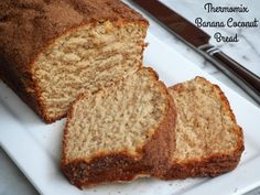 banana coconut bread cut into slices on a white plate with the title text overlay