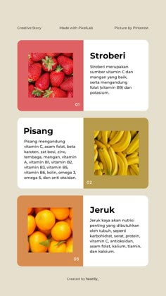 four different types of fruits are shown in this graphic style, including strawberries, oranges and bananas