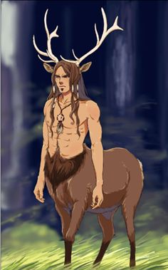 a man with long hair standing next to a deer in the grass and wearing antlers