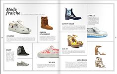 an open magazine with many different types of shoes on the page and in it's pages