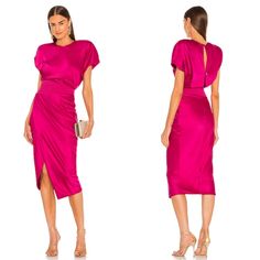 Zhivago Bond Fuchsia Pink Asymmetrical Midi Dress Size 2 Is Brand New With Tags! Featuring: Fully Lined Hidden Back Zipper Closure With Loop Button Fastening Padded Waist Detail Leg Slit Please Be Aware There Is A Small Section On One Shoulder That Has Minor Marks That May Come Out With Spot Treatment Or Dry Cleaning And One Small Mark At Back Bottom Of Dress. All Pictured Above. Measurements Below: Bust: 24” Waist: 12” Length: 53.5” Asymmetrical Midi Dress, Fuchsia Pink, Pretty Dresses, One Shoulder, Size 2, Midi Dress, Brand New, Womens Dresses, Zipper