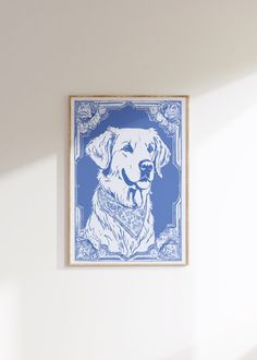 a blue and white drawing of a dog on a wall in a room with sunlight coming through the window