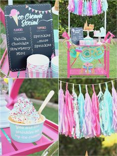 a pink and blue dessert table with cupcakes, ice cream cones, and tassels