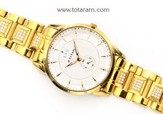 22 karat gold titan watch - men's gold watch with cz
  net gold weight (does not include weight of watch): 49.120 grams
  watch length : 8.00 inches(including length of watch and with the closing loops open)
  diameter of the watch dial : 1.55 inches

    please note: the dial of the watch is not made of gold, only the strap connecting (joining) the watch is made of gold.

introducing the 22 karat gold titan watch - a stunning men's gold watch crafted with exquisite attention to detail by totara Gold Diamond Chronograph Watch, Gold Diamond Watch With Chronograph, Gold Diamond Watch With Subdials For Business, Gold Diamond Watch With Round Dial For Business, Gold Diamond Watch For Business, Gold Diamond Business Watch, Gold Chronograph Watch Accessories As Gift, Gold Chronograph Watch Accessories As A Gift, Gold Automatic Diamond Watch For Formal Occasions