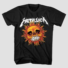 Take on casual days in style with the Men's Metallica Short Sleeve Graphic T-Shirt in Black. The T-shirt is crafted from lightweight woven fabric and 100% cotton material to keep you moving through the day in absolute comfort, while the short sleeve, pullover style makes for easy wear. It's tailored, featuring a crew neckline for on-trend style. Just pair it with your favorite trousers to complete the look. Summer Band Logo Cotton T-shirt, Band Logo Cotton T-shirt For Summer, Summer Cotton T-shirt With Band Logo, Summer Band Logo Graphic Tee, Summer Cotton T-shirt With Band Merch, Cotton Shirt With Band Logo Fan Merchandise, Cotton Shirt With Band Logo For Fan Merchandise, Summer Band Logo Crew Neck Shirt, Band Merch Cotton Shirt For Summer