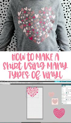 a child wearing a heart sweater with the words how to make a shirt using many types of vinyl