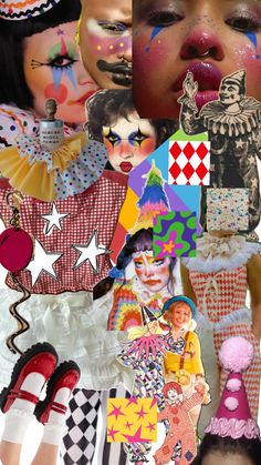 a collage of clowns and girls with their faces painted in different colors, shapes and sizes