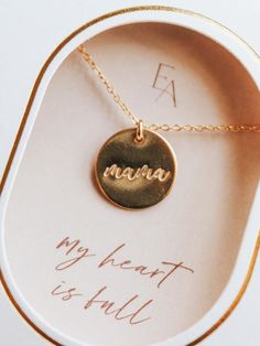 Ever Aster Mama Necklace The perfect gift for a new mom. Product Details Necklace comes in either gold-filled or sterling silver Chain can be adjusted to 16 or 18 inches Charm measures 1/2 inches in diameter Hand stamped Ever Aster inspires meaningful connections by spreading hope and simplicity through its jewelry. These pieces are the perfect gift to convey a heartfelt message to your loved one that shines with thoughtfulness, kindness, and gratitude. We hope you find as much joy in wearing yo Boho Mom, Mama Necklace, Gift Inspo, Detailed Necklace, Meaningful Connections, Mom Jewelry, New Mom, Sterling Silver Chain, New Moms