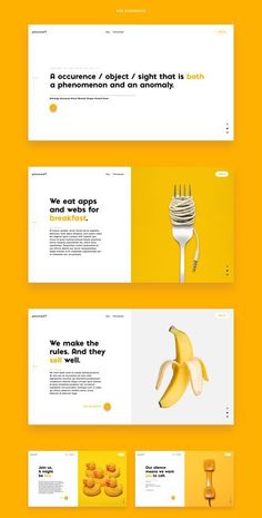 an orange and yellow web page with bananas on the front, bottom and bottom pages