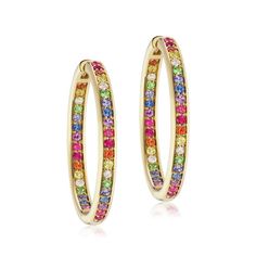 Rainbow sapphire hoops earrings 14k 18k gold, Natural multi sapphire rainbow ombre hoops, Rainbow hoops earrings gold, -------------------------------------------------------------------------------------------------------------------------------------------------------------------------------------------- PRODUCT FEATURE : ITEM : HOOP EARRING  METAL : 925 STERLING SILVER PLATING : ROSE GOLD / GOLD / SILVER / WHITE / YELLOW GEMSTONE : RAINBOW SAPPHIRE CREATION : LAB CREATED SHAPE : ROUND COLOR : MULTI SIZE  : 2 MM SETTING TYPE : PRONG  FINISHING : SUPER FINE NOTE: I HAVE SEVEN DAYS RETURN POLICY ONCE THE PRODUCT IS BEEN DELIVERED. EXPRESS DELIVERY IS AVAILABLE ON THIS EARRING STUD. I ALSO PREPARE CUSTOM ORDERS AS PER CUSTOMER DESIRE. FEEL FREE TO CONTACT IF YOU WANT ANY CUSTOMIZE PRODUCT. Multicolor Multi-stone Hoop Earrings, Elegant Rainbow Colored Hoop Jewelry, Elegant Rainbow Hoop Jewelry, Multicolor Fine Jewelry Hoop Earrings As Gift, Multicolor Multi-stone Hoop Jewelry, Everyday Rainbow Round Jewelry, Multicolor Hoop Fine Jewelry, Fine Jewelry Multicolor Hoop, Fine Jewelry Multicolor Hoop Earrings