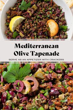 mediterraneann olive tapenad served in a white bowl with crackers and lemon wedges