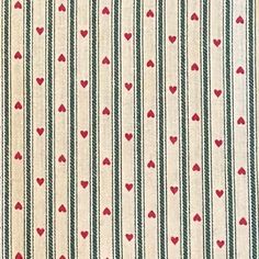 a red and green striped fabric with small hearts on the front, in rows of vertical stripes