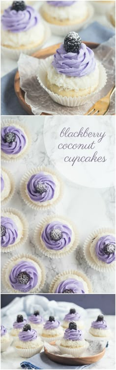 an image of cupcakes with purple frosting on top and the words blackberry coconut cupcakes above them