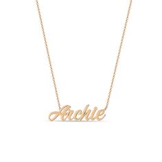 14k gold cable chain necklace with your choice of name or word in script letters. If selecting the diamond option, a flush set round diamond will be added on a lowercase i or j if applicable, or it will be placed at the end of the name or word. For special requests, please reach out to direct@zoechicco.com.SPECIFICS • 14k cable chain adjustable at 14-15-16" or 16-17-18"• letters are maximum approx. 8.5mm tall; height will vary by letter• first letter will be capitalized• round diamond is approx. Signature 14k Gold Name Necklace, Classic Custom Name Necklace In Yellow Gold, Classic Yellow Gold Custom Name Necklace, Classic White Gold Necklaces With Custom Name, Customizable Signature Nameplate Necklaces, Customizable Signature Nameplate Necklace, Classic Customizable Rose Gold Necklace, Yellow Gold Signature Style Name Necklace As Personalized Gift, Signature Yellow Gold Name Necklace For Personalized Gift