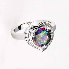 Feshionn IOBI Rings 7 / Rainbow Topaz Arcenciel Ring Crystals Ring, Rainbow Topaz, Solitaire Setting, Austrian Crystal, The Rainbow, Heart Shape, Wedding Accessories, Round Cut, Sapphire Ring