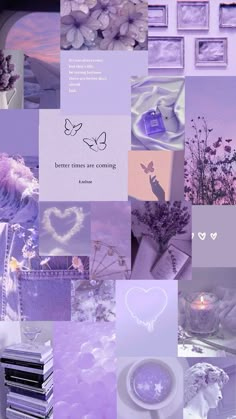 a collage of purple and white images with hearts, flowers, butterflies, candles