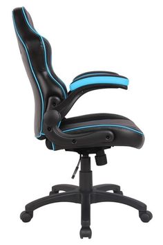 an office chair with black and blue trimmings on the back, against a white background