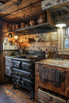 an old fashioned stove in a rustic kitchen